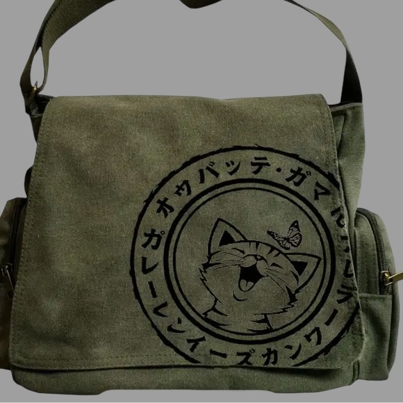 Women’s Vintage Inspired Army Green Canvas Cat Print Messenger Bag - Picture 4 of 12